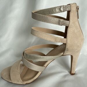 Kelly & Katie Bonavilla Beige and Metallic Strappy Heels 6.5